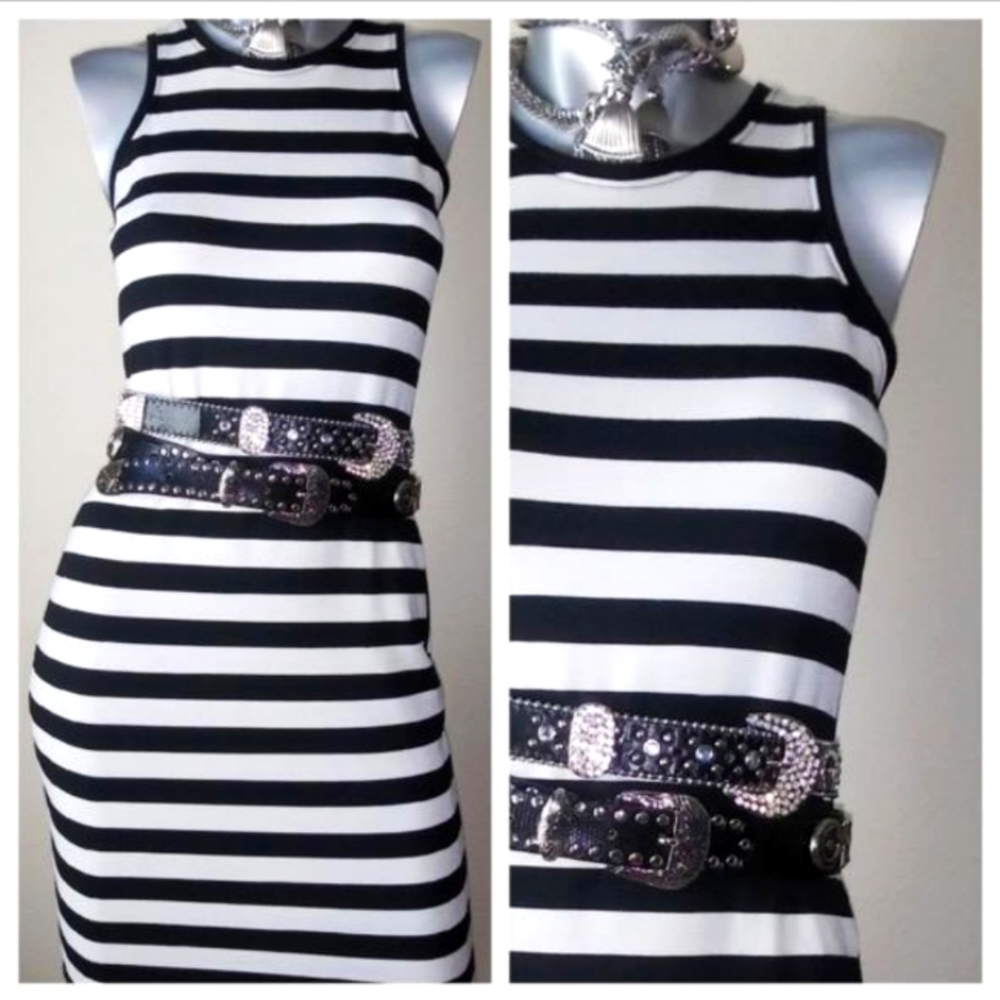 "Rachel Roy" Black/White Pop of Red Fitted Cocktail Party Midi Sleeveless Dress - Picture 5 of 9